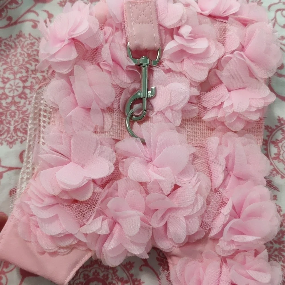 Pink ruffle dog harness and leash